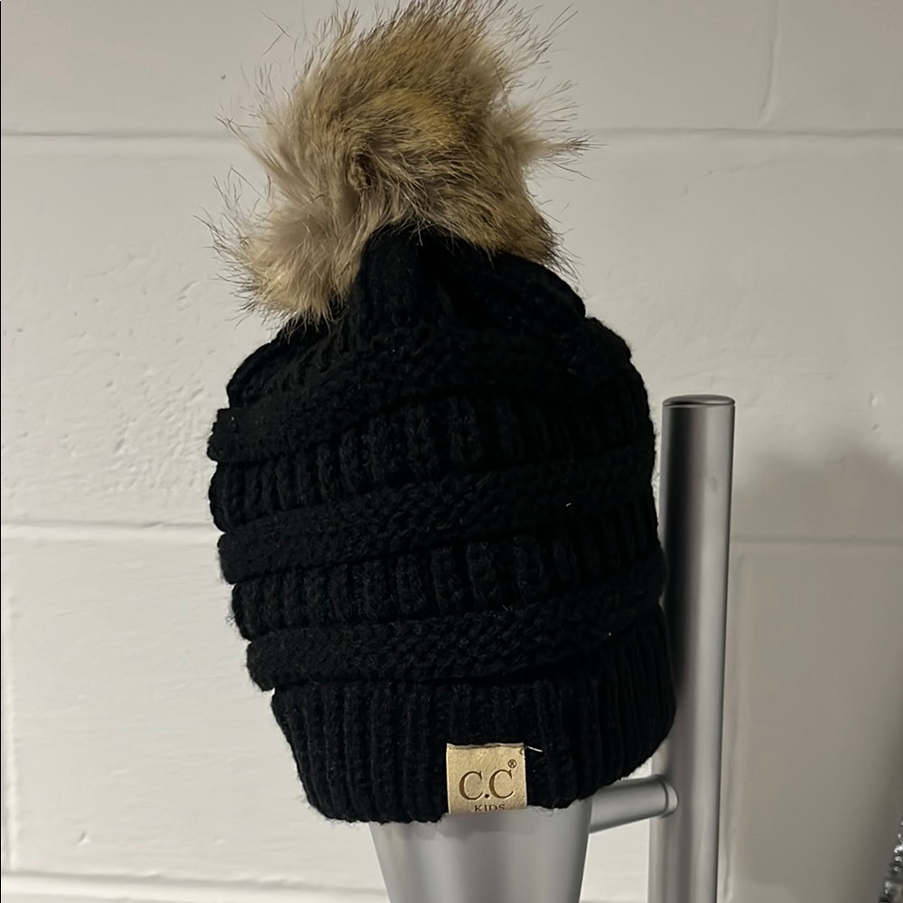 C.C Kids Black Knit Beanie with Faux Fur Pom NWT